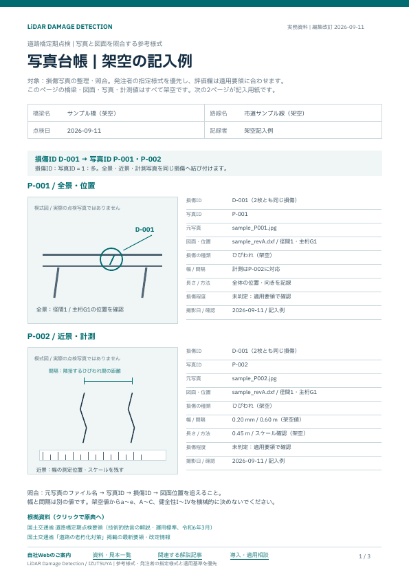 架空の記入例を含む写真台帳